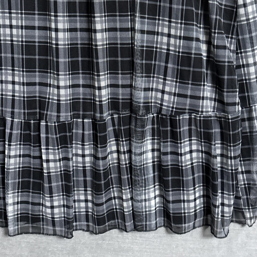 Terra Sky Dress 3X Black Gray Plaid Smocked Ruffle Midi Sheer Grunge 90s y2k - Picture 7 of 9